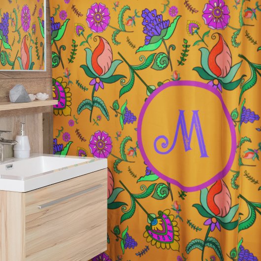 カラムカカラフルリ花黄バックグラウンドグリーン シャワーカーテン