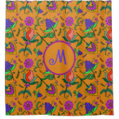 カラムカカラフルリ花黄バックグラウンドグリーン シャワーカーテン (正面)