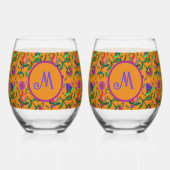 カラムカカラフルリ花黄バックグラウンドグリーン ステムなしワイングラス (正面)