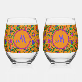 カラムカカラフルリ花黄バックグラウンドグリーン ステムなしワイングラス