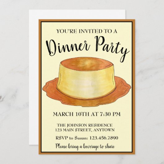カラメルカスタードフランスペインのフードディナーパーティー 招待状 (正面/裏面)