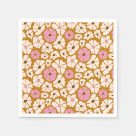 カラメルブラウンに白とピンクの花の模様 スタンダードカクテルナプキン