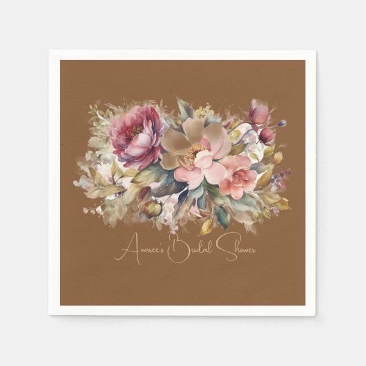 カラメルブラウンピンクピーチブルゴーニュフローラシャワー スタンダードカクテルナプキン (正面)