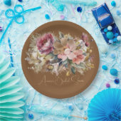 カラメルブラウンピンクピーチブルゴーニュフローラシャワー ペーパープレート (パーティー)