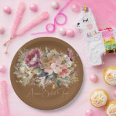 カラメルブラウンピンクピーチブルゴーニュフローラシャワー ペーパープレート (パーティー)