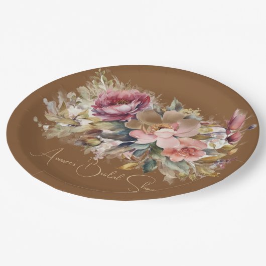 カラメルブラウンピンクピーチブルゴーニュフローラシャワー ペーパープレート (アングル)
