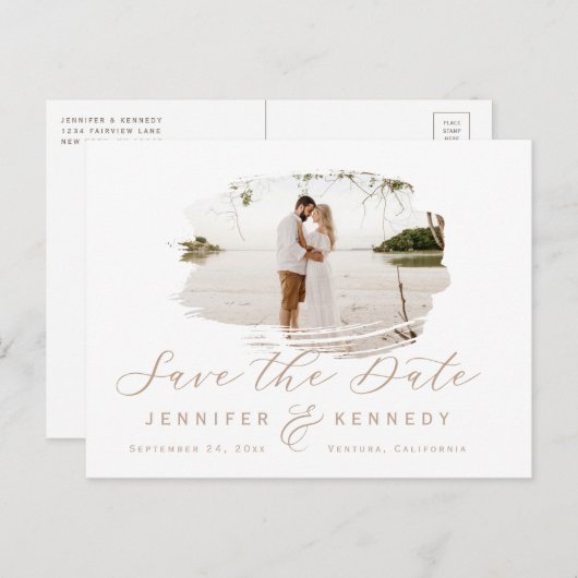 カラメルベージュロマンチックなブラシ仕上げフレーム日付を保存 ポストカード (正面/裏面)