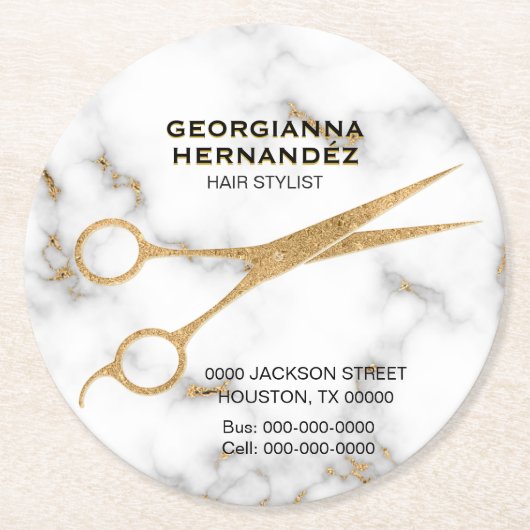 カララマーブル金ゴールドシザー美容師アドレス ラウンドペーパーコースター (正面)