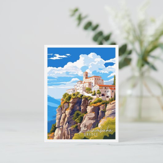 カランバカギリシャヴィンテージ旅行イラストレーション ポストカード (スタンド正面)