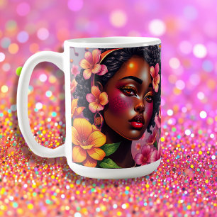 カラーかわいらしピンクの花のレディーミュージカルノート コーヒーマグカップ