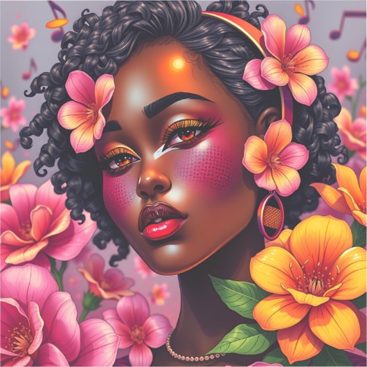 カラーかわいらしピンクの花のレディーミュージカルノート シール (正面)