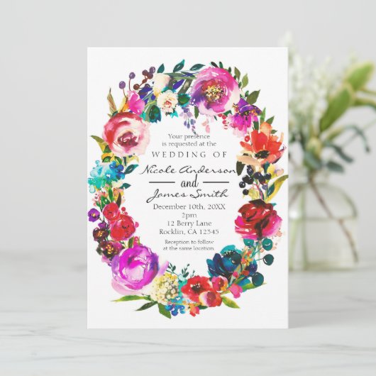 カラーはっきりしたウォーター色フローラリース結婚の 招待状 (スタンド正面)