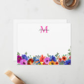 カラーはっきりしたマゼンタピンクフローラモノグラムスクリプト ノートカード (正面/裏面インサイチュ)