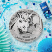 カラーインユニコーン誕生日紙プレート、名前をカスタムする ペーパープレート (パーティー)