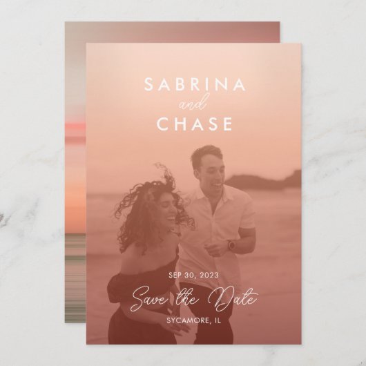 カラーオーバーレイスタイリッシュフォトウェディング日付の保存 招待状 (正面/裏面)