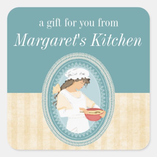 カラーカスタムヴィンテージベーカリー女の子ベーキング食品ラベル スクエアシール (正面)