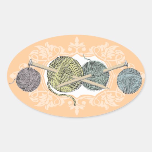 カラーカスタム手描き編み物針糸カード 楕円形シール (正面)