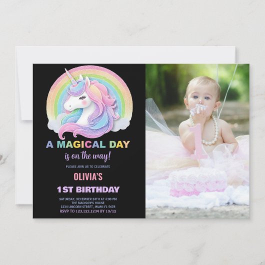 カラーグリッターユニコーン誕生日招待状写真 招待状 (正面)