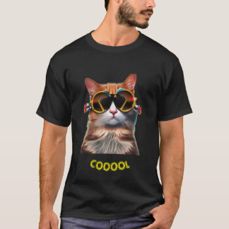 カラーサングラスの猫 クールな男性用ダークTシャツ Tシャツ