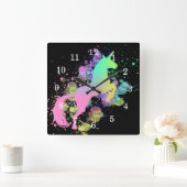 カラースプラッシュファンタジーレインボーユニコーン スクエア壁時計 (ホーム)