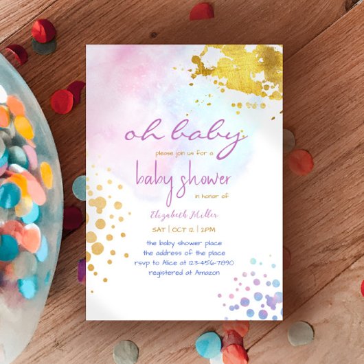 カラースプラッシュ ピンクゴールド ベビーガール シャワー招待状 招待状