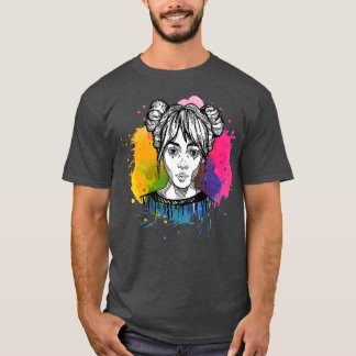 カラースラッシュで描かれた可愛い手描きアニメガール Tシャツ