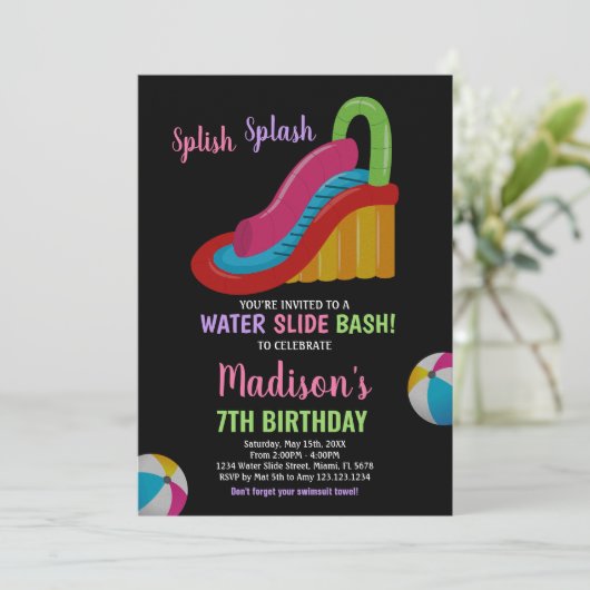 カラーズブラックピンクウォータースライド誕生日招待状 招待状 (スタンド正面)
