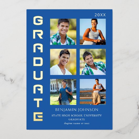 カラーズブルー王室のの大数々の学院写真ミックス 箔招待状 (正面)