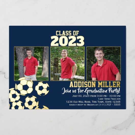 カラーチョイス付きサッカーの卒業写真 箔招待状 (正面)