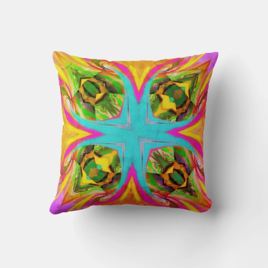 カラーティール(緑がかった色)、緑とピンクのポスターのバースト クッション (裏面)