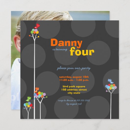 カラードお洒落ット鳥が4歳の誕生日を木に 招待状 (正面/裏面)
