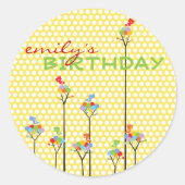 カラードットツリーキュート鳥の子供の誕生日パーティー ラウンドシール (正面)