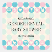 カラードット性別が赤ちゃんシャワーのステッカーを明らかにする スクエアシール (正面)