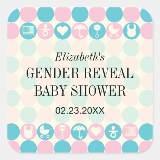 カラードット性別が赤ちゃんシャワーのステッカーを明らかにする スクエアシール (正面)
