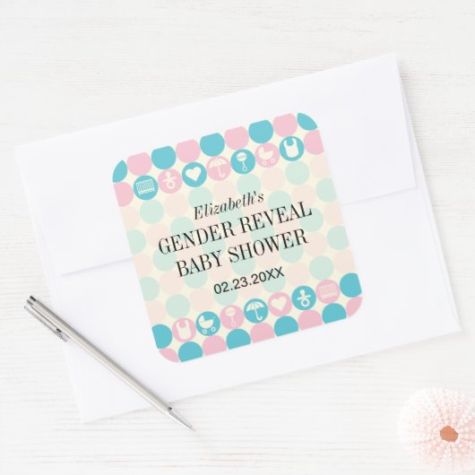 カラードット性別が赤ちゃんシャワーのステッカーを明らかにする スクエアシール (封筒)