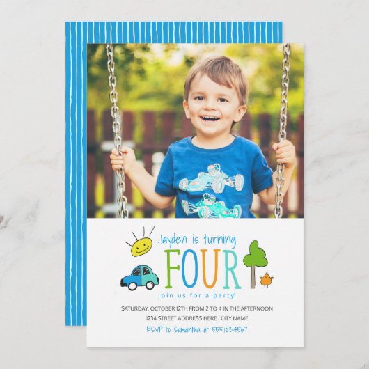 カラードードルズ4th誕生日パーティー招待状/車 招待状 (正面/裏面)