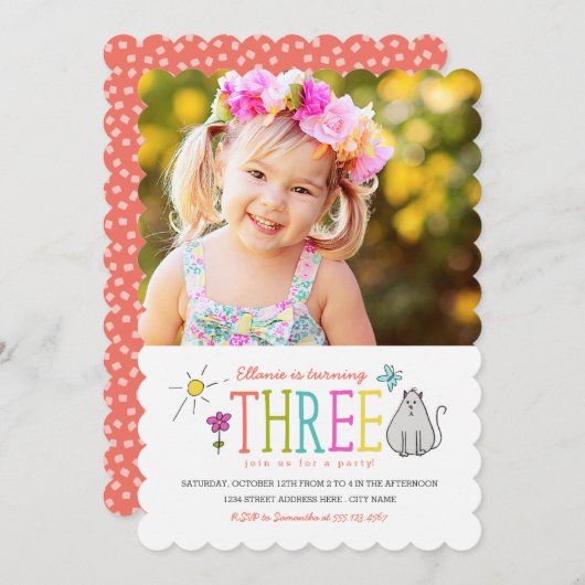 カラードードル3歳誕生日パーティー招待状|子猫 招待状 (正面/裏面)