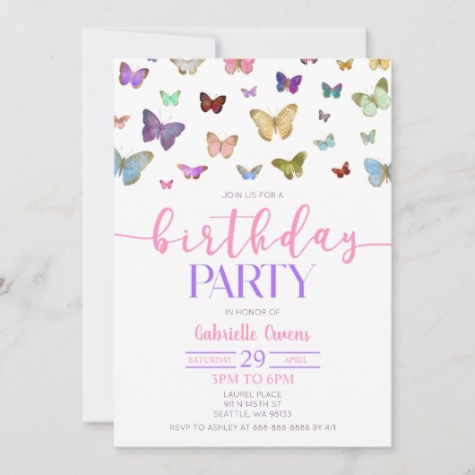 カラーバタフライテーマの誕生日パーティー 招待状 (正面)