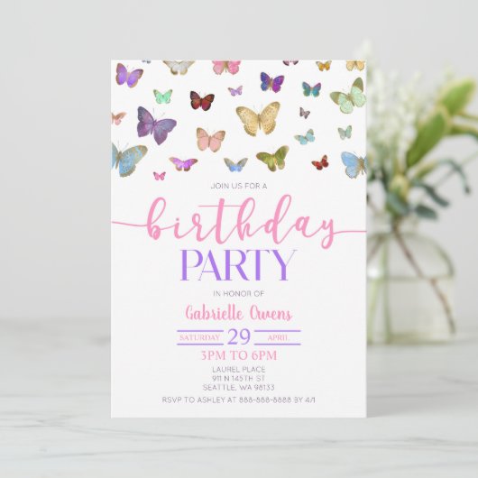 カラーバタフライテーマの誕生日パーティー 招待状 (スタンド正面)
