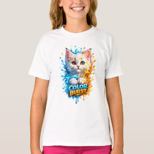 カラーバーストの猫 - 鮮やかなペンキ飛沫のキッズグラフィック Tシャツ