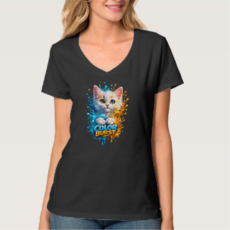カラーバーストキャット – 鮮やかなペイントスプラッシュのウィメンズTシャツ Tシャツ
