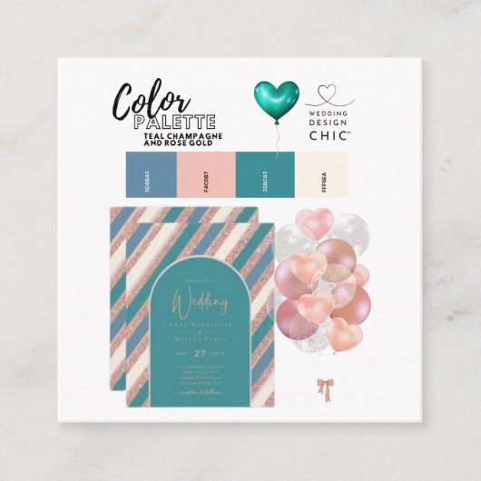 カラーパレットティール(緑がかった色)バラ金ゴールド結婚のベンダーカード エンクロージャーカード (正面)