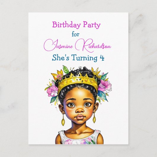 カラーパーソナライズされたの誕生日パーティープリンセス インビテーションポストカード (正面)