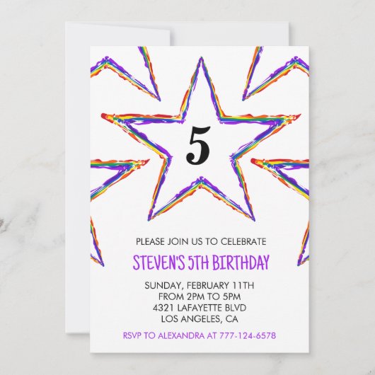 カラーパーティの招待状スターレインボープライマリーキッズ 招待状 (正面)