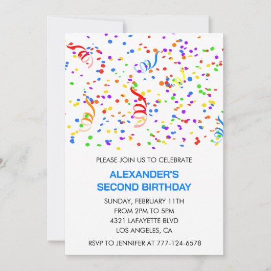 カラーパーティの招待状ブルーボーイ紙吹雪虹 招待状 (正面)