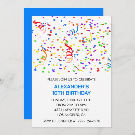 カラーパーティの招待状ブルーボーイ紙吹雪虹 招待状 (正面/裏面)