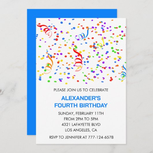 カラーパーティの招待状ブルーボーイ紙吹雪虹 招待状 (正面/裏面)