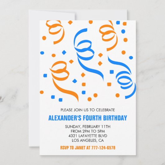 カラーパーティの招待状紙吹雪オレンジブルー4th 招待状 (正面)