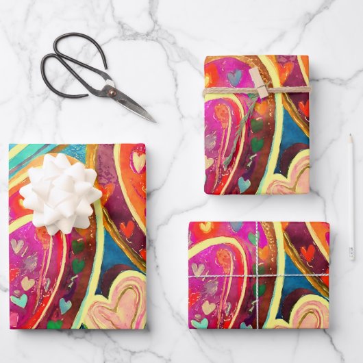カラーファンキーハートパターンのミックス ラッピングペーパーシート (正面)