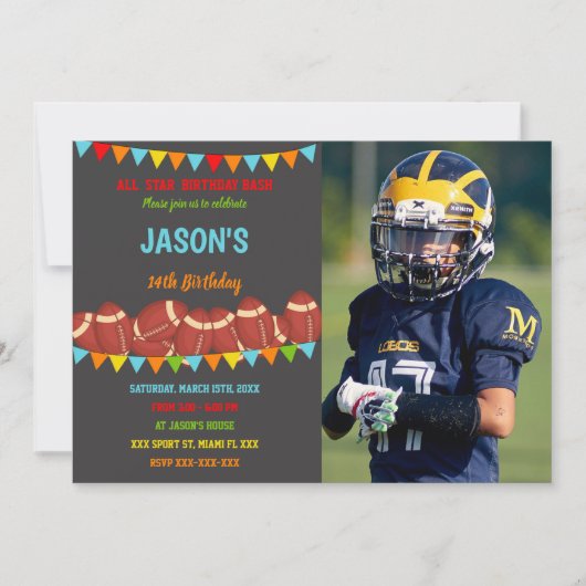 カラーフラッグサッカー誕生日招待状w写真 招待状 (正面)